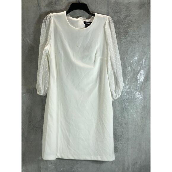 DKNY Women's Cream Illusion Dotted 3/4 Sleeve Crewneck Crepe Shift Mini Dress - Picture 2 of 12